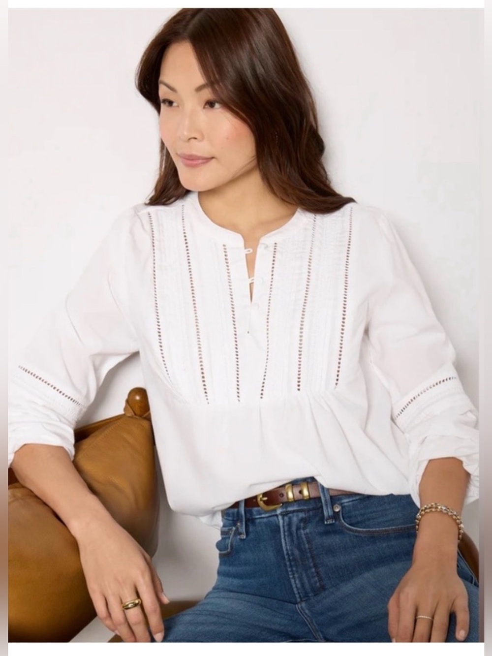 NWT Evereve white Jacqueline lace Inset Eyelet cottagecore Peasant Blouse Size L - Picture 5 of 13